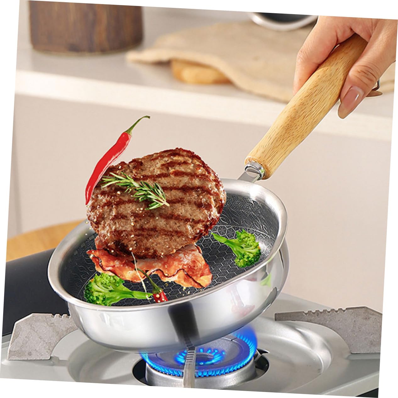 VANZACK Padella in Acciaio Resistente Fondo Piatto Nido d’Alveare Padella Antiaderente per Uova e Colazione Manico Ergonomico Antiscivolo Adatta Tutti i Piani Cottura Inclusa Induzione