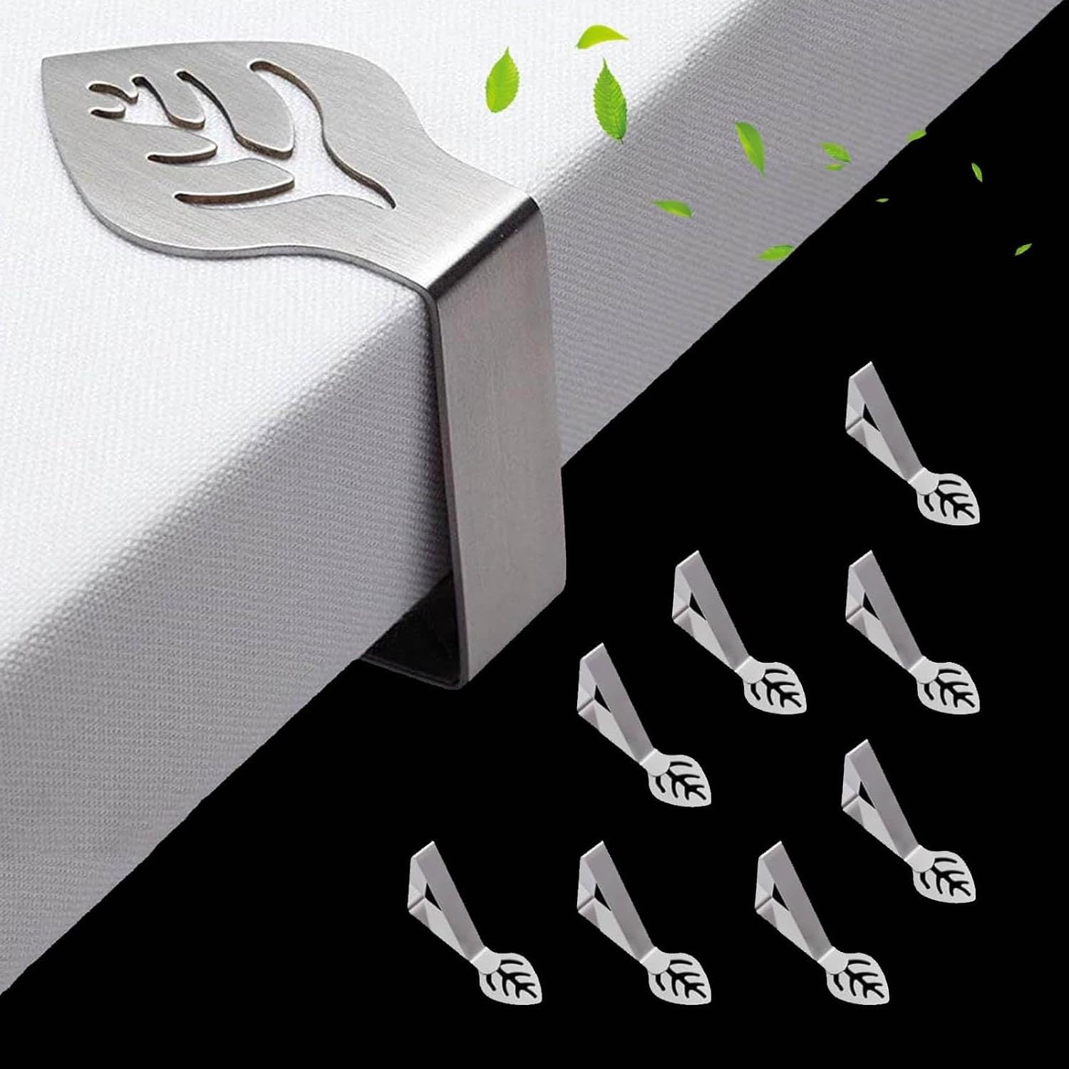 SAHENITEANA Table Cloth Holder Clips 8 Pack Leaf Shape Picnic Tablecloth Clip Outdoor Large Heavy Duty Stainless Steel Decorative Cover Clamp Pin for Party Wedding Restaurant Essential Accessories