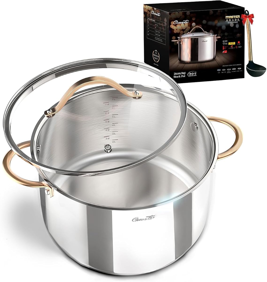 Olla de 8 cuartos, olla de acero inoxidable revestida entera de 3 capas, olla de cocina de 8 cuartos con tapa, olla de inducción para cocinar, ollas de cocina de acero inoxidable 18/10, aptas para horno, gas y lavavajillas