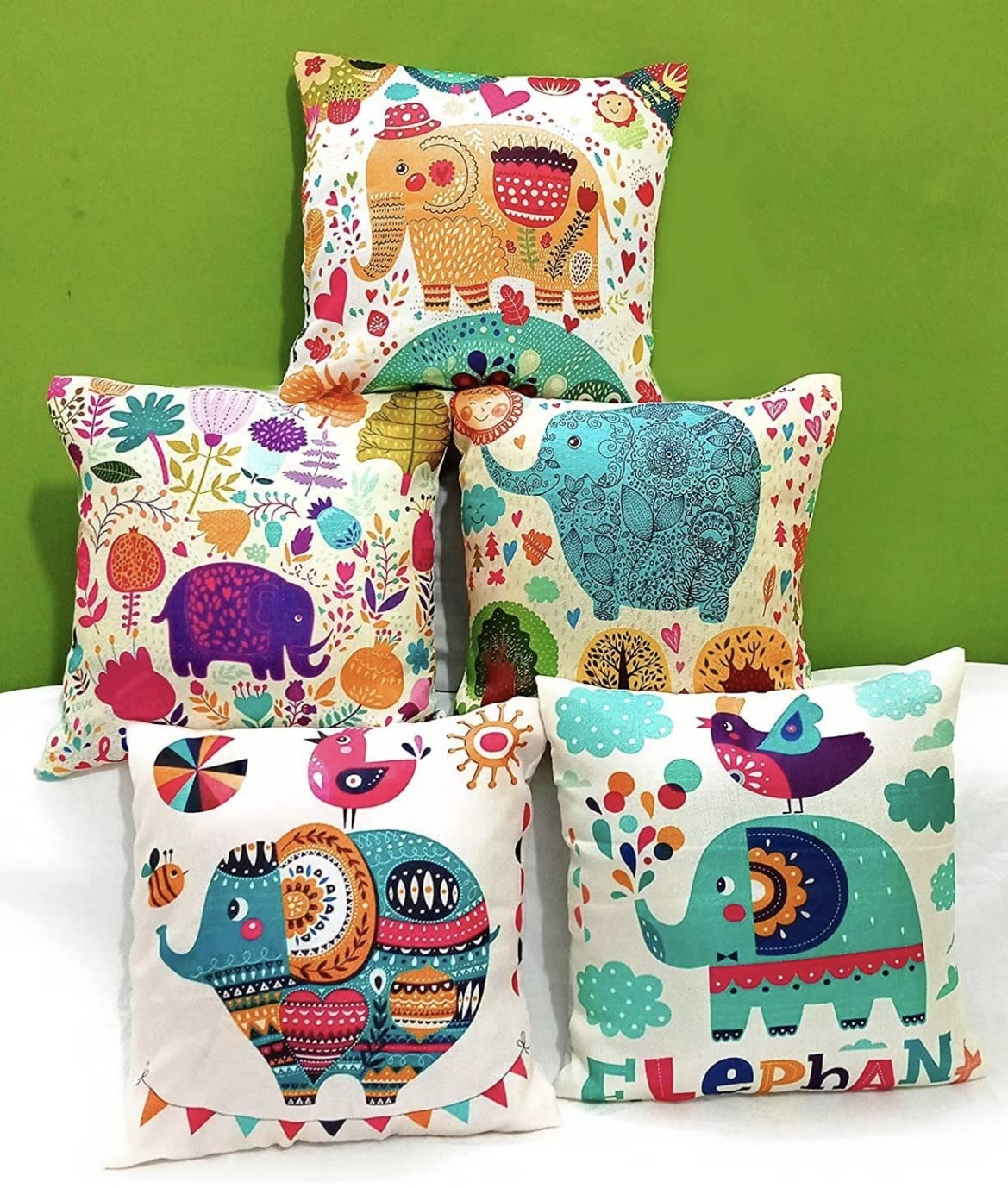 BALLEY Set of 5 Elephant Designer Decorative Throw Pillow/Cushion Covers (Multicolour) (16 * 16)