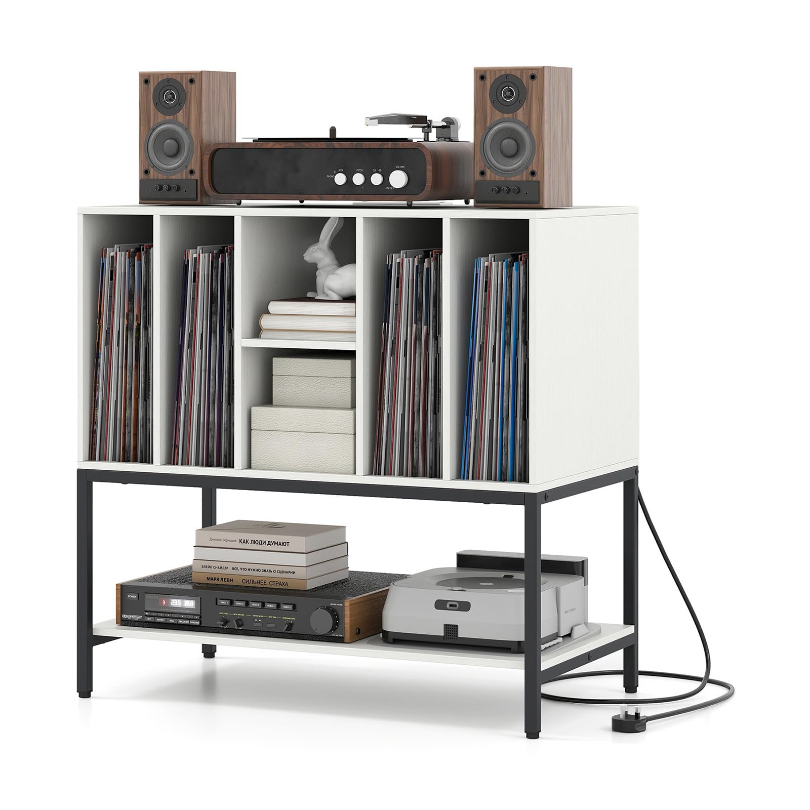 RELAX4LIFE Giradischi Vinili Stand Tavolino con Stazione di Ricarica, Espositore in Legno per Dischi 150, Scaffale Inferiore, Supporto per Giradischi, Ideale per Soggiorno e Sala Musica (Bianco)