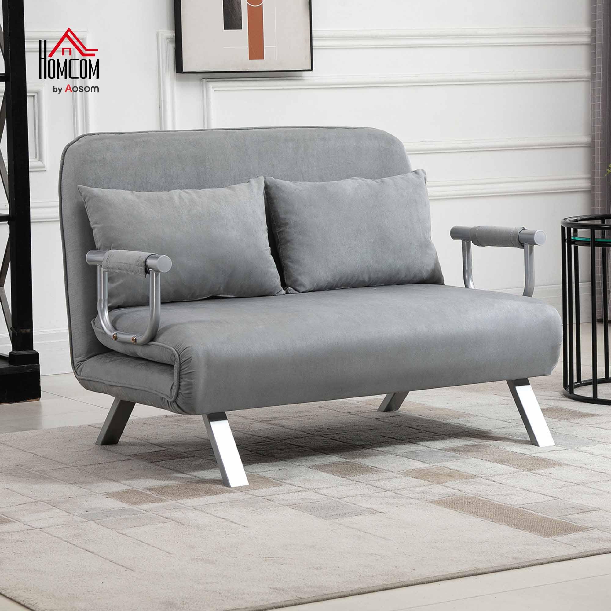 HOMCOM 3 in 1 Schlafsofa Schlafcouch 2 Sitzer 185x105cm Hellgrau | 2 Sitzer Sofa mit Schlaffunktion, Samtoptik, Chaiselounge, 5-stufig Verstellbare Rückenlehne, Wohnzimmer, Schlafzimmer