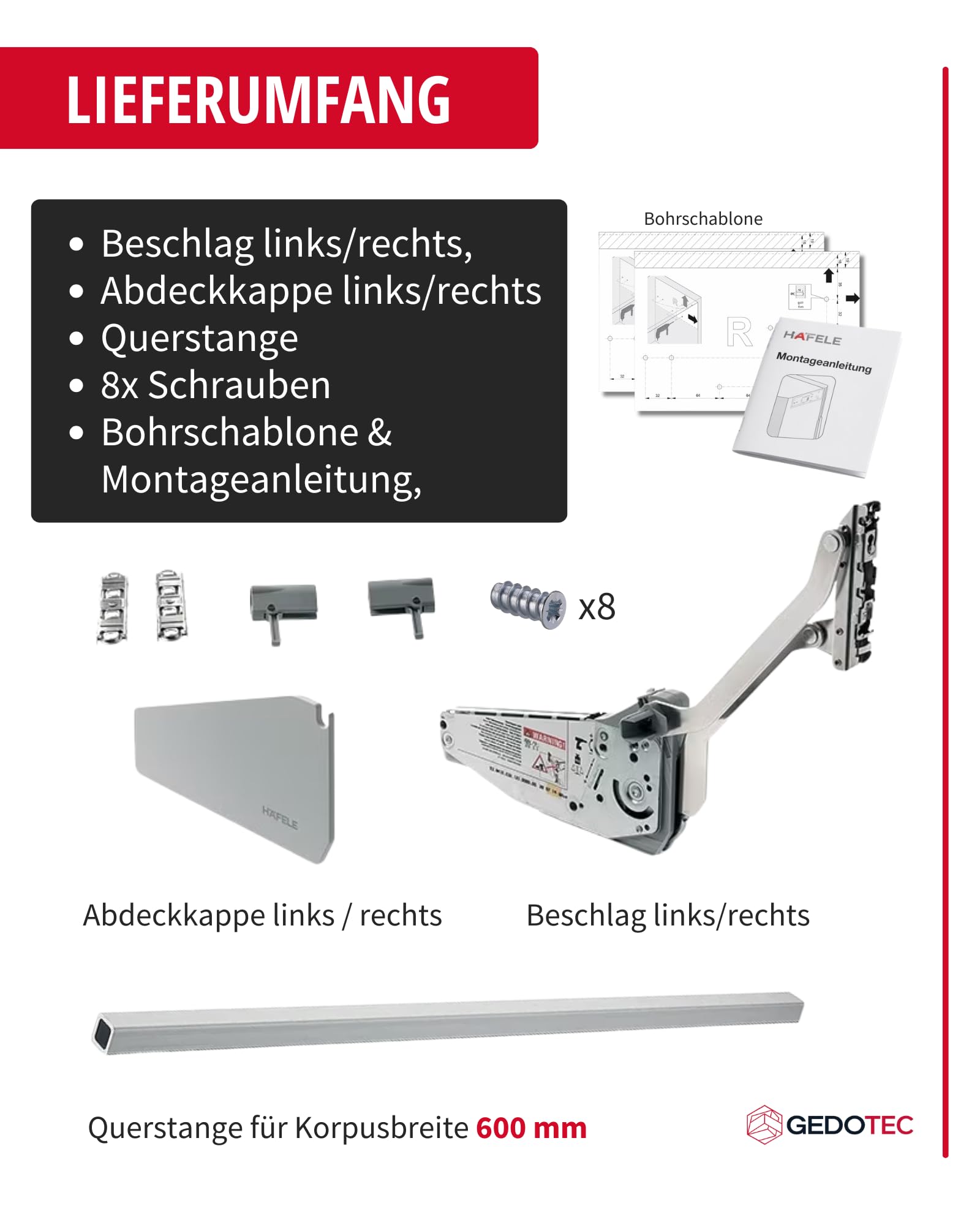Gedotec Okucie do podnoszenia przedniego FREE UP szare, okucie klapowe R3us 5,0-9,7 kg, wysokość korpusu 430-600 mm, szerokość korpusu do 600 mm, w zestawie drążek poprzeczny, okucie do podnoszenia