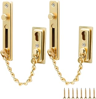 2 Pack Door Chain Lock with Spring, Stainless Steel Security Chain Guard, Anti-Theft Press Lock for Window - Gold
