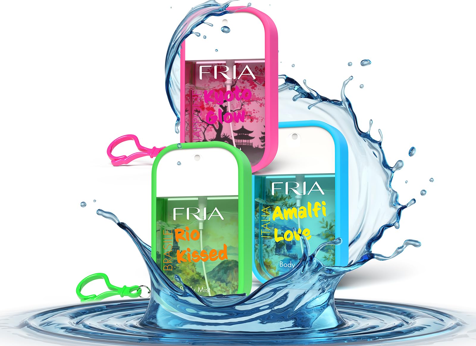 FRIA Body Mist Bundle - Set 3 Acque Profumate Corpo Uomo e Donna (3 x 50ml): Amalfi Love (Agrumata), Kyoto Glow (Floreale) e Rio Kissed (Fruttata) - Fragranze Fresche con Note di Vaniglia e Bergamotto
