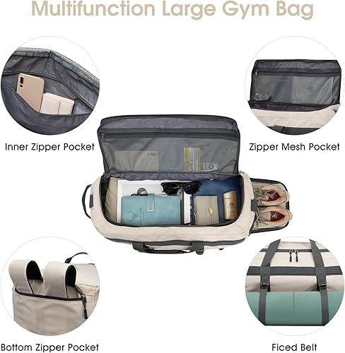 Miniatura 4 de G4Free Bolsa de gimnasio para mujeres y hombres, mochila de lona de 45 litros con compartimento para zapatos, resistente al agua, bolsa de viaje