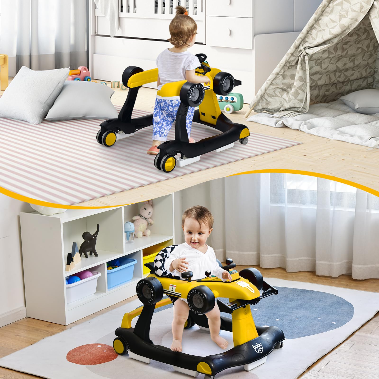 RELAX4LIFE 4 en 1 Andador para Bebés 6-18 Meses, Andador Plegable con Altura Regulable en 3 Niveles, Tacatá Bebés con Luces, Sonidos y Velocidad Controlable, 64 x 73 x 50,5-55,5 cm (Amarillo)
