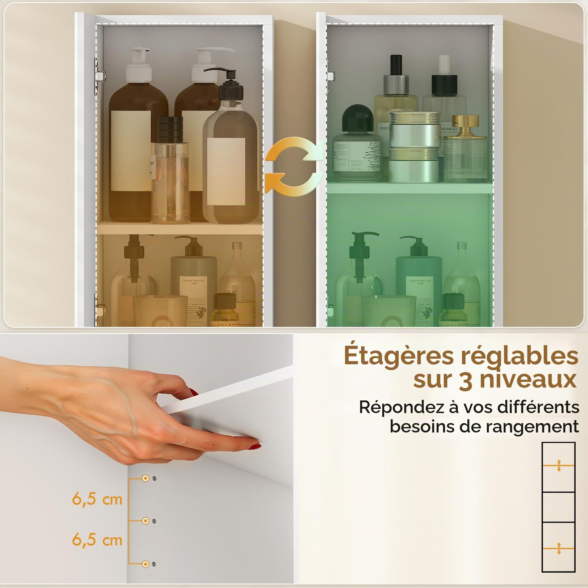 HOMCOM Meuble Salle de Bain 2 Portes à Fermeture Douce 30x24x140 cm Blanc
