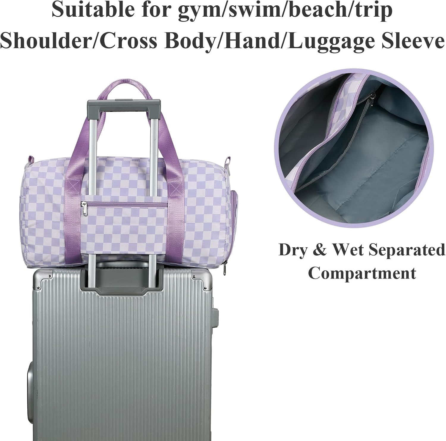 LEDAOU Duffle Bag Girls Kids Cute Dance Bag with Shoes Compartment Gym Bag with Wet Pocket Sports Overnight Travel Bag (Purple Checkered) - Image 3