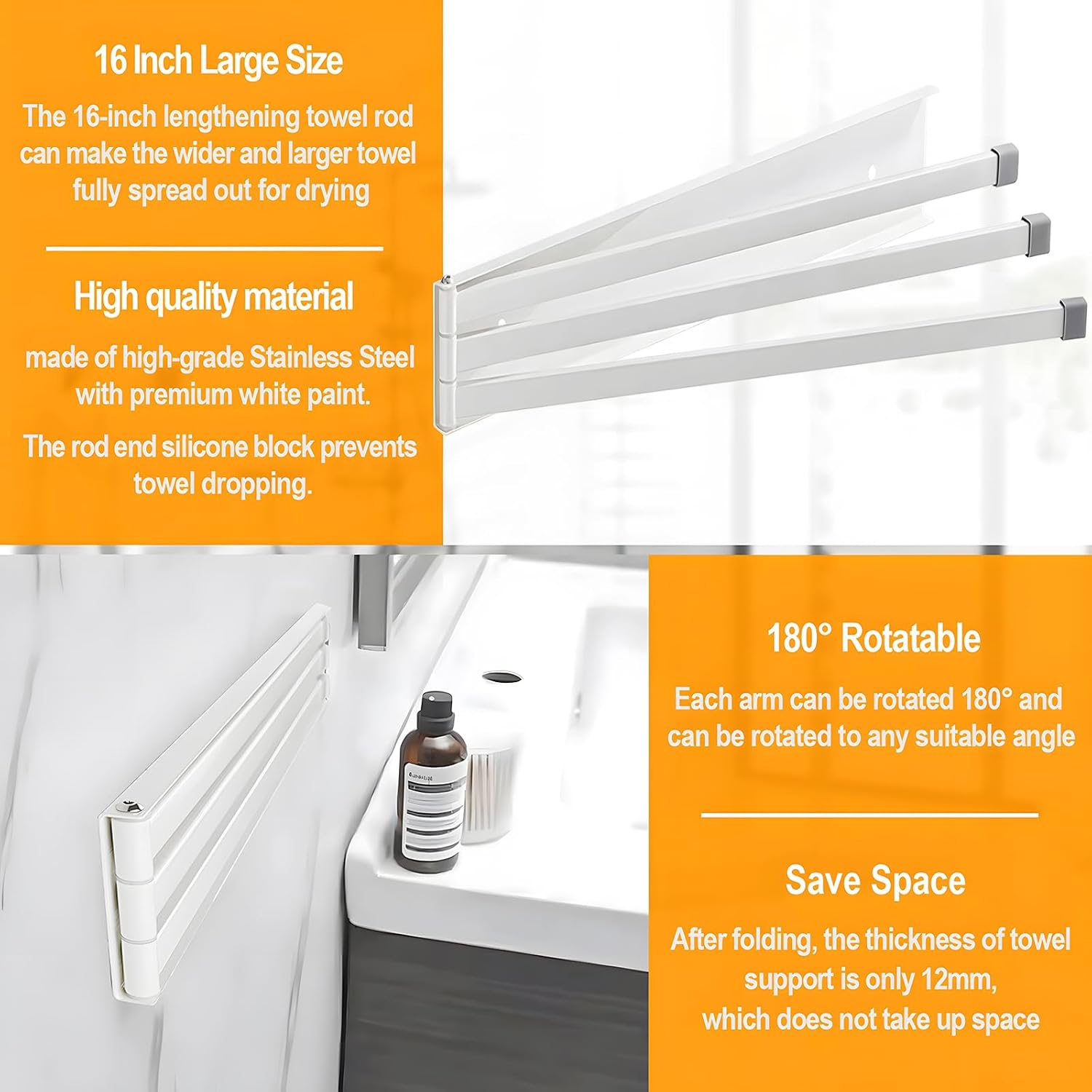 Swivel Towel Rack, 16 inch Extra Long Thickened Stainless Steel 3-Arm Towel Bar, Space Saving Wall Mounted Towel Holder, Rustproof Swing Out Towel Hanger for Bathroom, Kitchen (White)