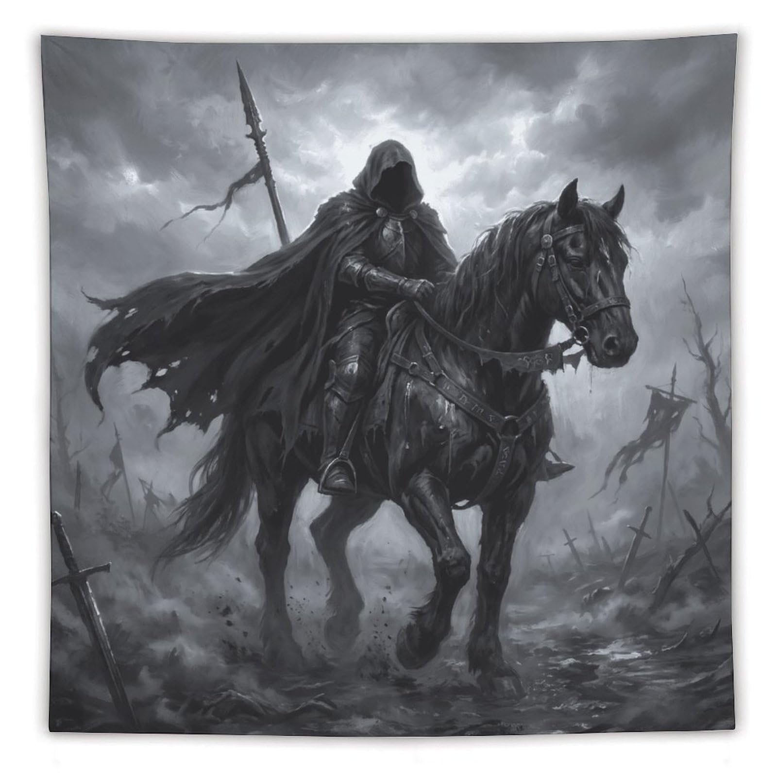 H3B8U2Y5 Shadow Horseman Wall Tapestry, Medieval Illustration Style