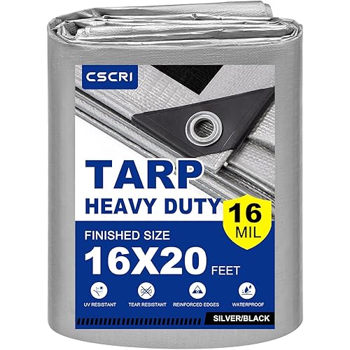 16Mil Tarps Heavy Duty Waterproof 16x20 Finished Size, Large Outdoor Multipurpose Protective Cover (Silver/Black)