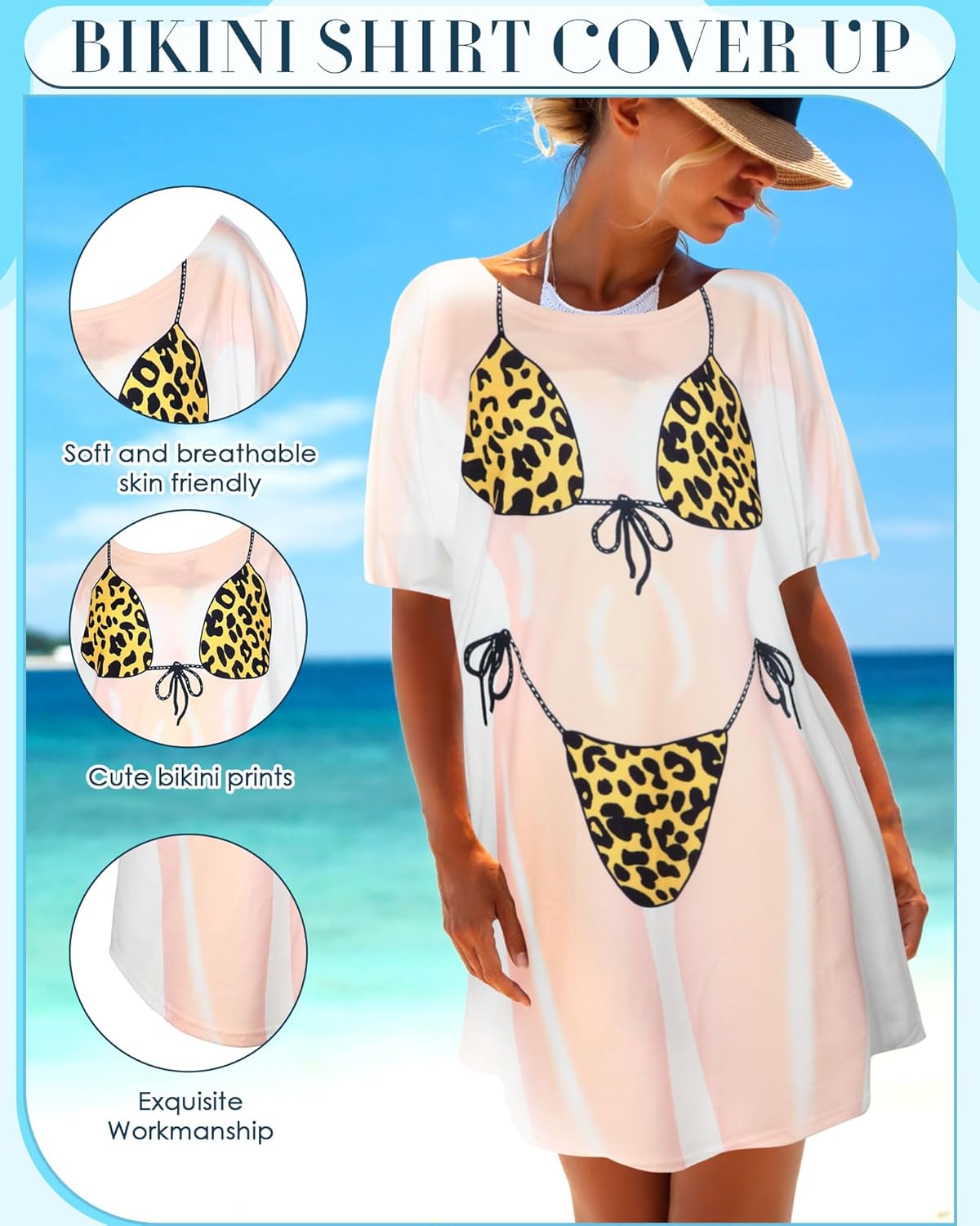 Jeyiour 6 Pack Women's Funny Bikini Shirt Short Sleeve Cover up Baggy T Shirt Dress Cute Bikini Print Baggy Swimwear