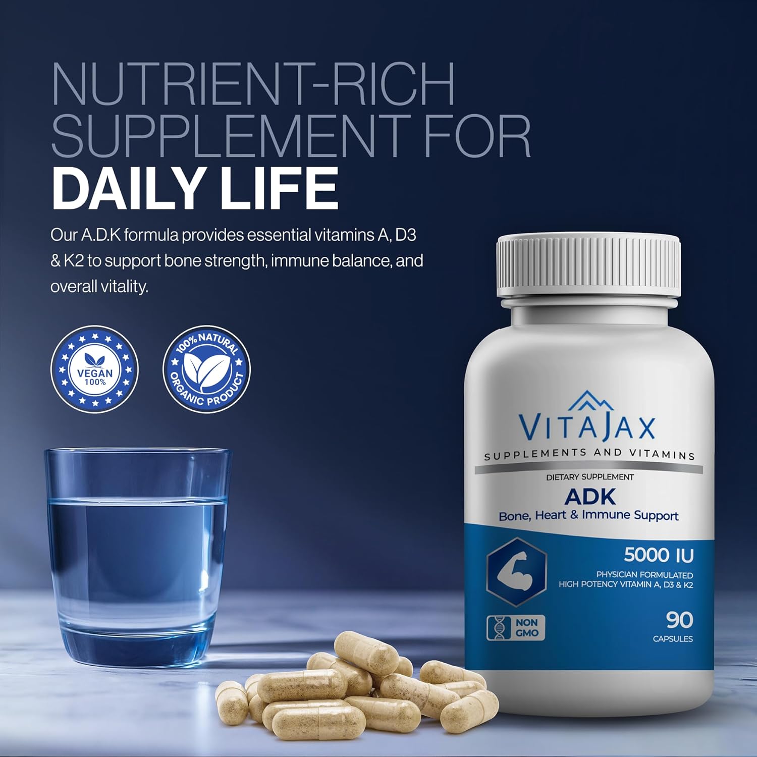 ADK - Vitamin ADK Supplement, 180 Capsules - High Potency Vitamin A, D3(5,000 IU) K2 as MK-7 for Bone, Heart & Calcium Absorption – Non-GMO, Gluten Free (6 Month Supply) 2 Pack