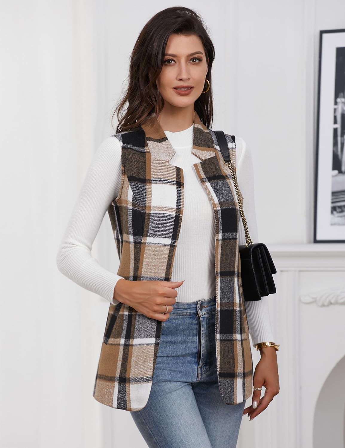 IDEALSANXUN Wool Plaid Vest for Women 2025 Fall Winter Sleeveless Blazer Jackets Trench Coat Casual Outwear Open Front Cardigan Top, Brown, S - Image 2