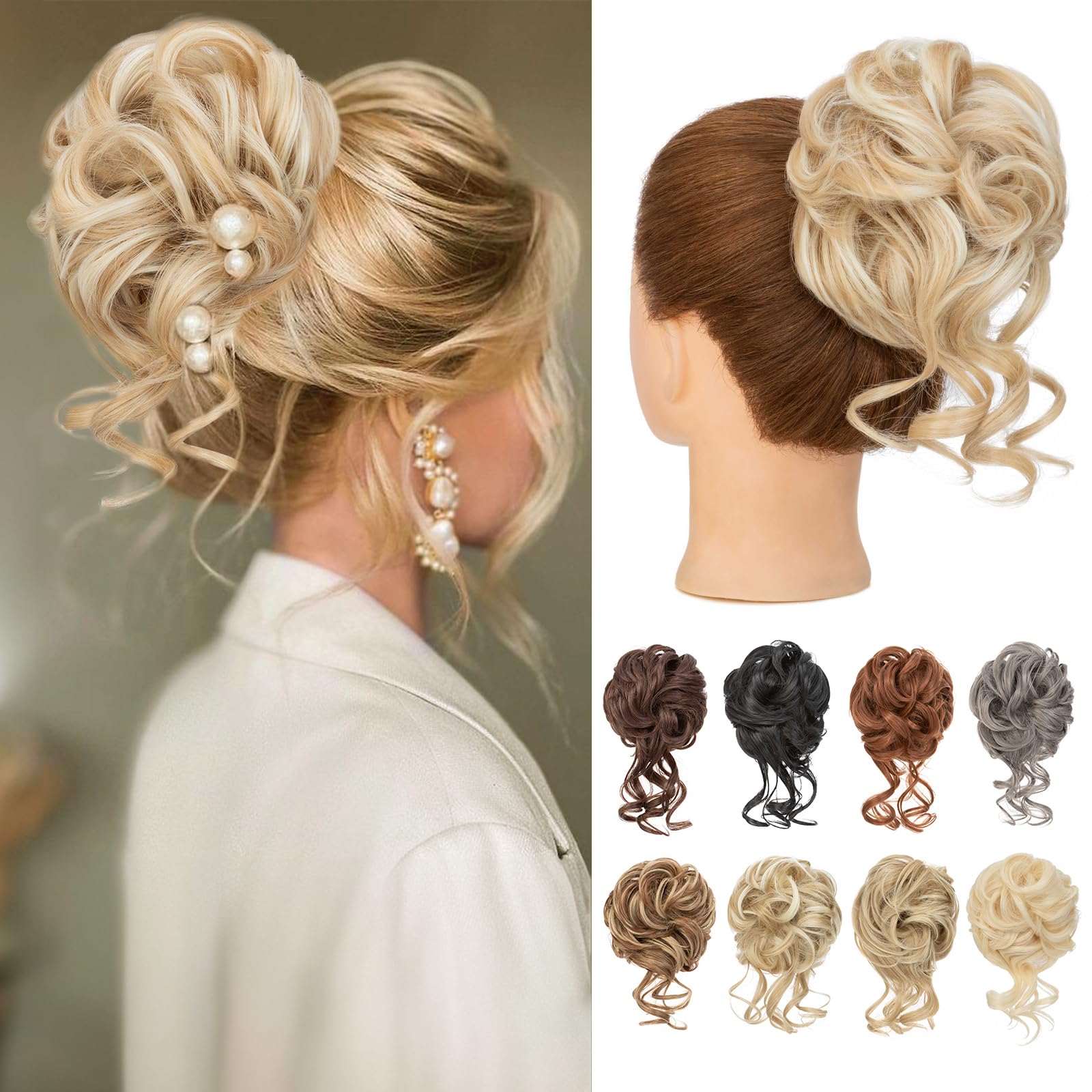 Benehair Messy Bun Hair Piece Wavy Curly Claw Clip Hair Bun Extensions Synthetic Hair Bun Donut Accessories Scrunchies Hair Pieces for Women(Light Brown mix Blonde