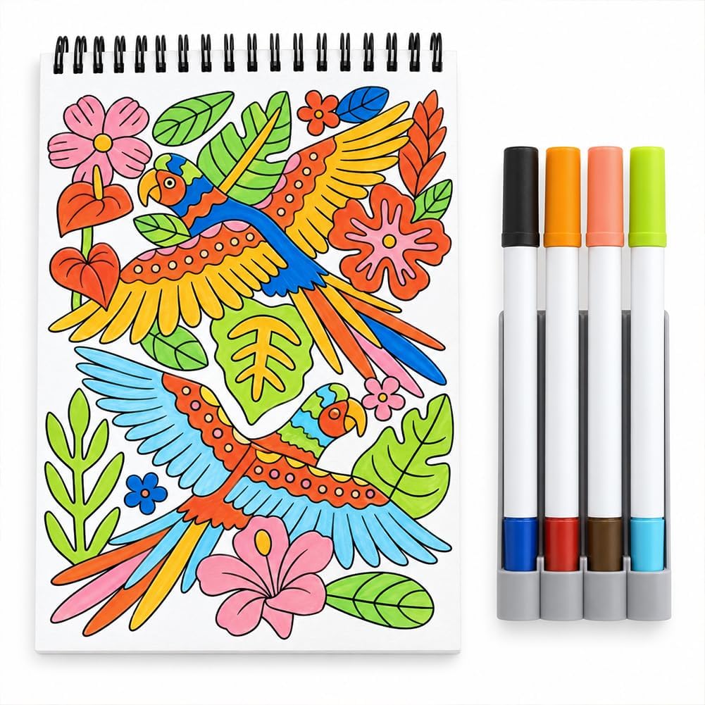 Trace‑By‑Groove Guided Flow Art Coloring Pad, Double‑Sided Markers Included (Parrot)