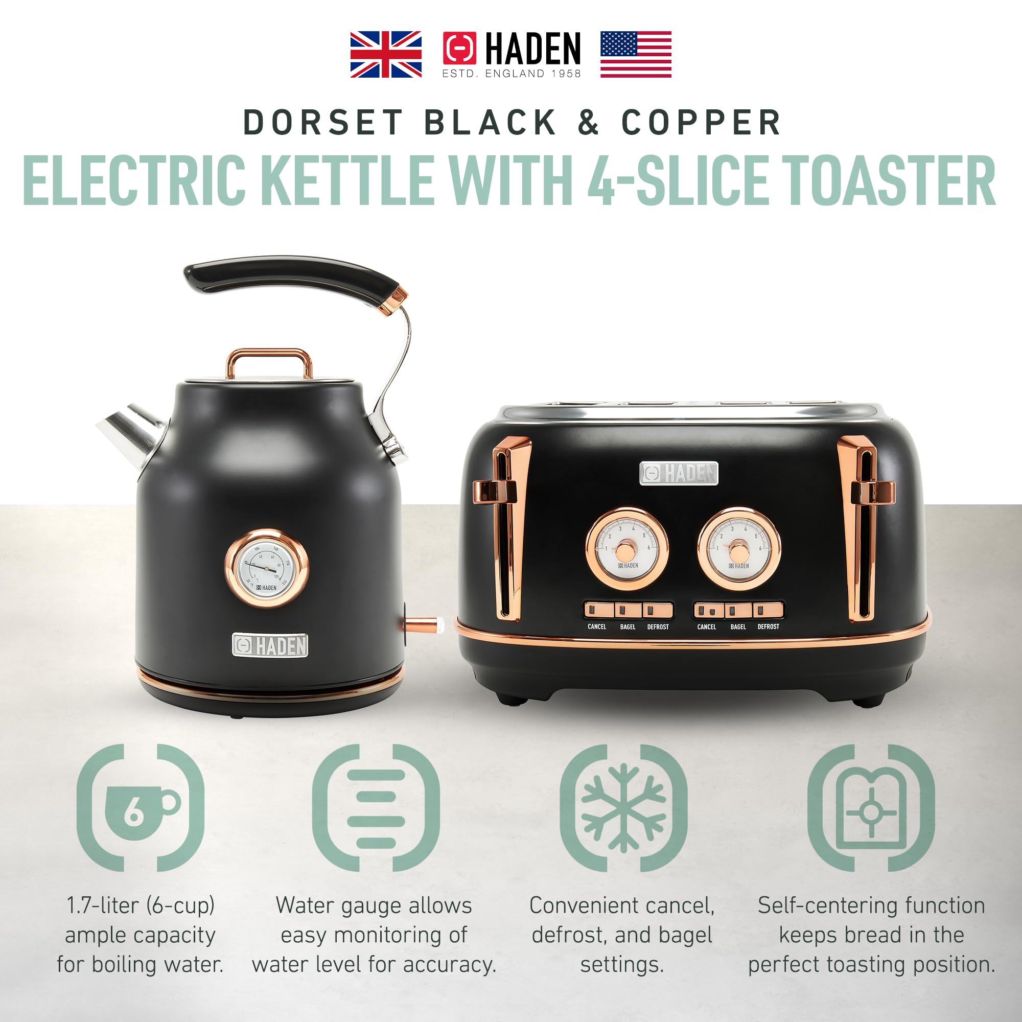 Haden Dorset 1.7 Liter Stainless Steel Electric Kettle with 360-Degree Base Bundled with 4 Slice Wide Slot Stainless Steel Toaster, Black & Copper