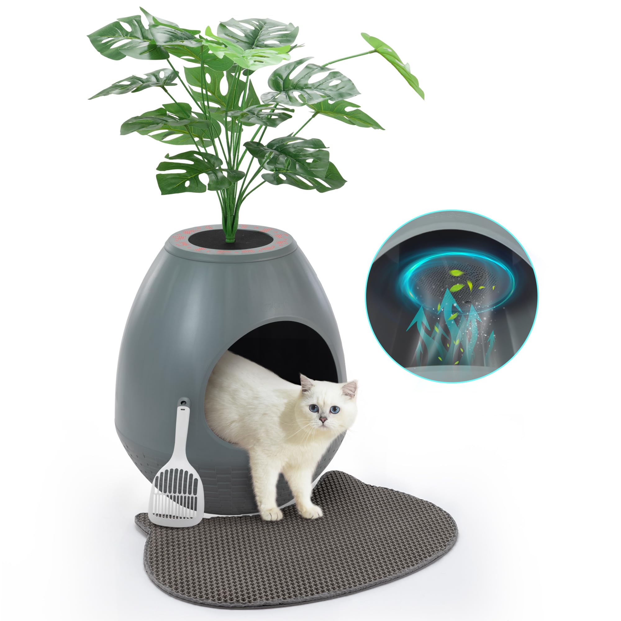 Hidden Cat Litter Box Furniture with Odor Removal System & Artificial Plant — image 1