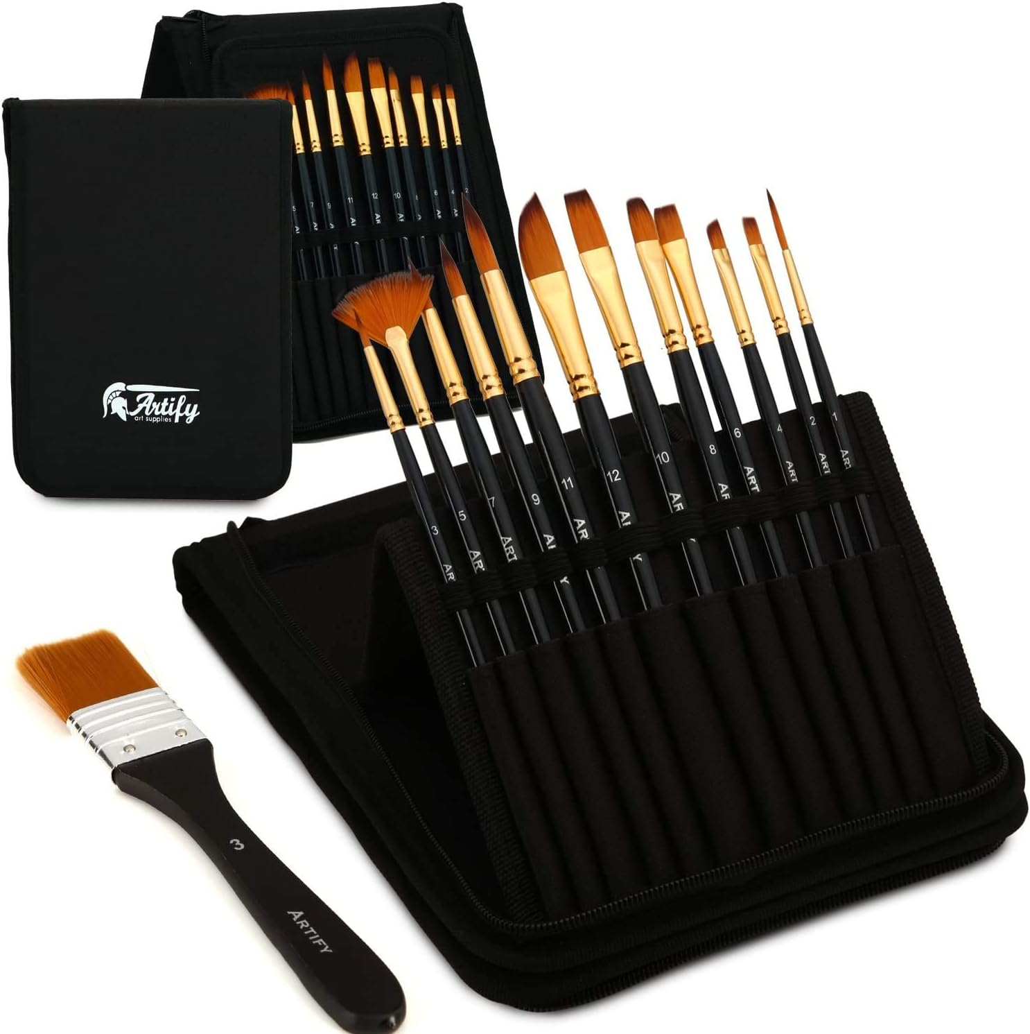Artify 12 Pcs Paint Brush set Includes Pop-up Carrying Case with free Palette Knife, Large Flat Brush and Sponge for Acrylic, Oil, Watercolor and Gouache