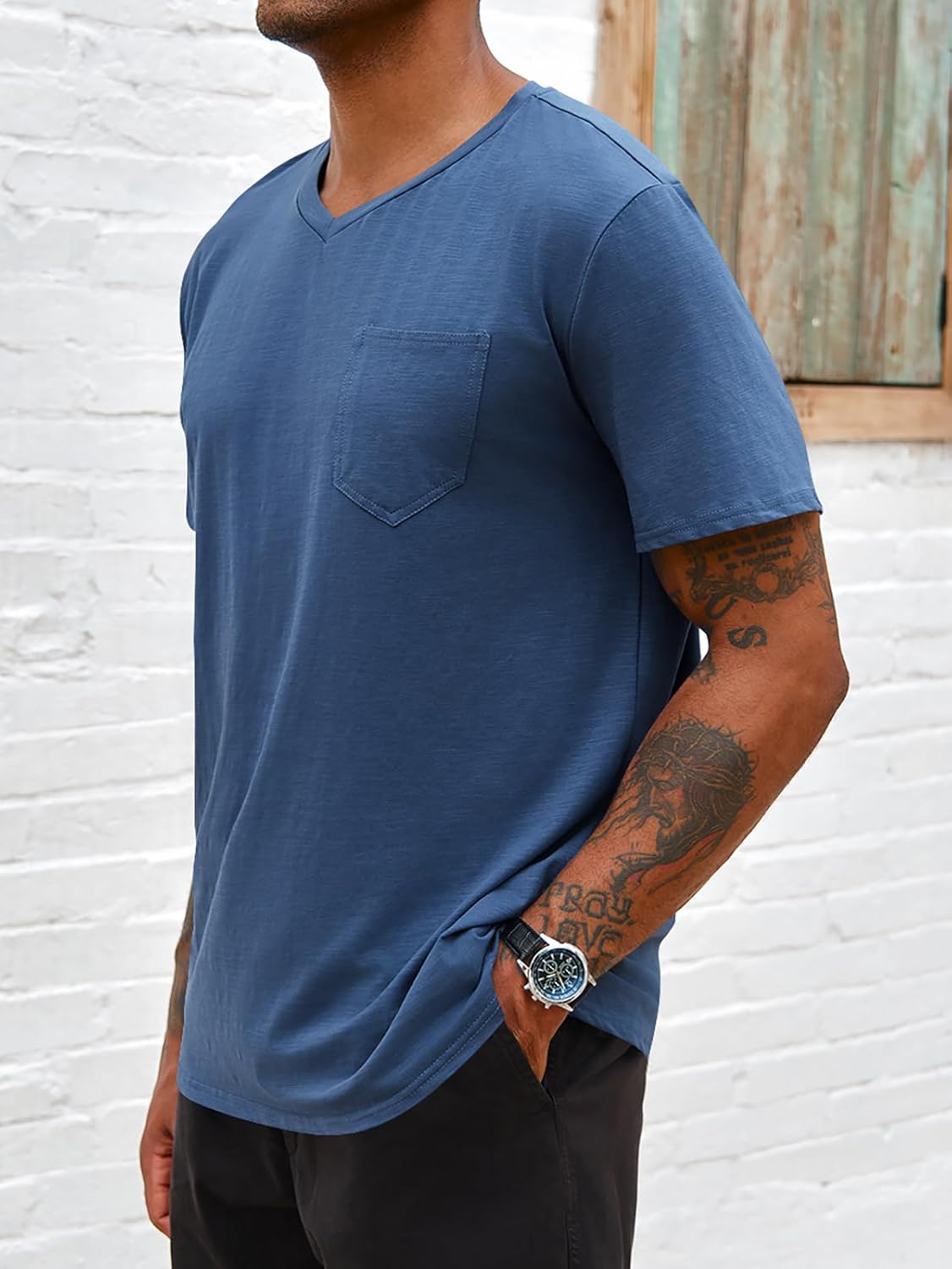 Runcati Mens Short Sleeve T-Shirts Casual V Neck Cotton Tee Summer Beach Tops with Pocket - Image 2