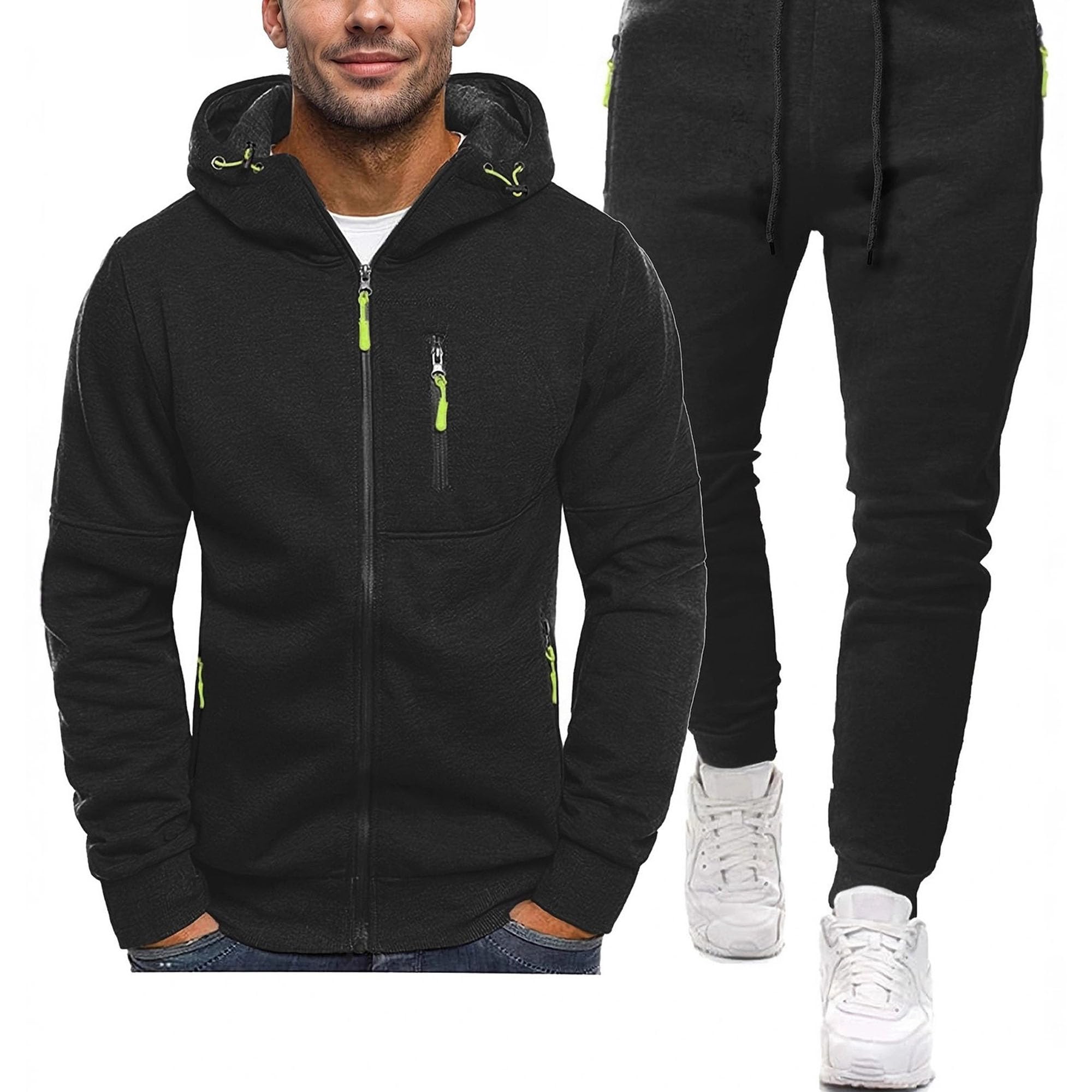 Herren-Trainingsanzug-Set mit Reißverschluss, Sweatshirt, Jogginghose | Kapuzen-Sweatshirt, Jogginghose, passendes Set, klassisches Farbblock-Design, lässiger Anzug