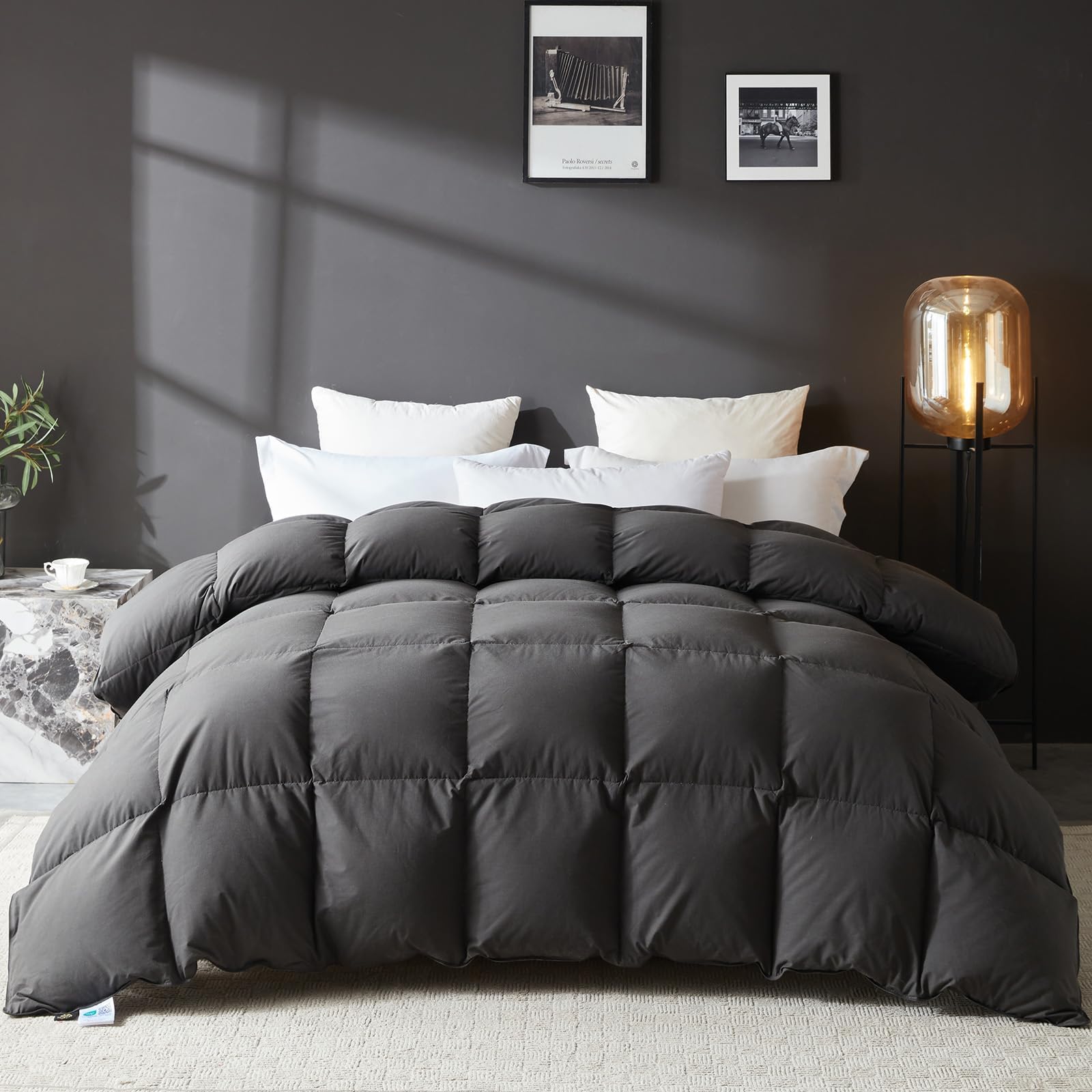 L LOVSOUL Goose Feather Down Fiber Comforter Super King Size, 100% Organic Cotton Fabric Duvet Insert,1200TC,750+Fill Power, Hotel Collection, All Season Grey Bedding Comforters with 8 Tabs