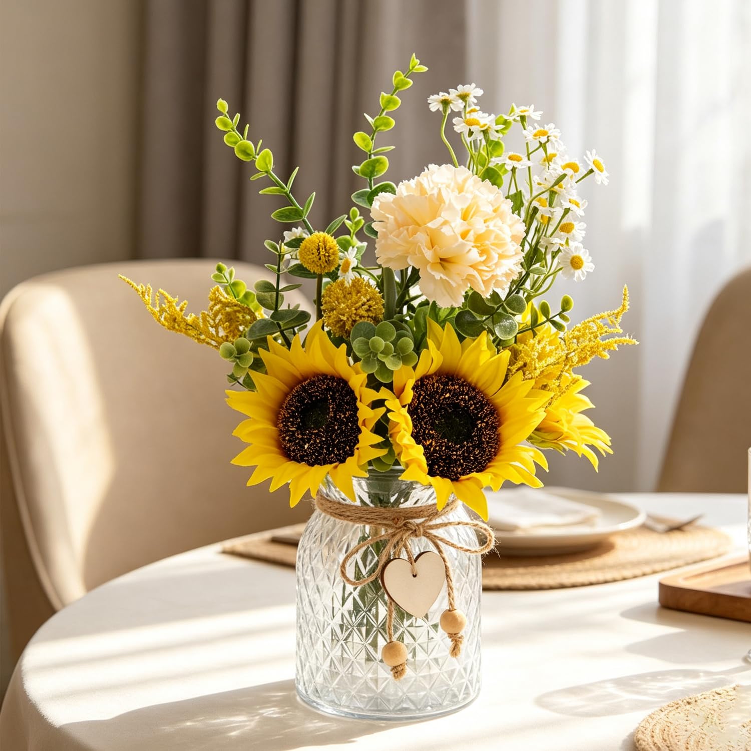 JETAINE Sunflowers Artificial Flowers with Vase for Table Centrepiece Decor, Fake Flower Faux Silk Daisy Bouquet, Spring Yellow Arrangements for Dining, Living Room, Kitchen, Bedroom, Gift