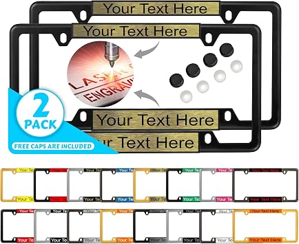 Custom Personalized Thin Top | Narrow Top 4 Hole Metal Laser Engraved Car License Plate Frame & Free caps - Available in Black, Chrome, Gunmetal, and Gold Finish - Gold/Black Text - Set of 2 Frames