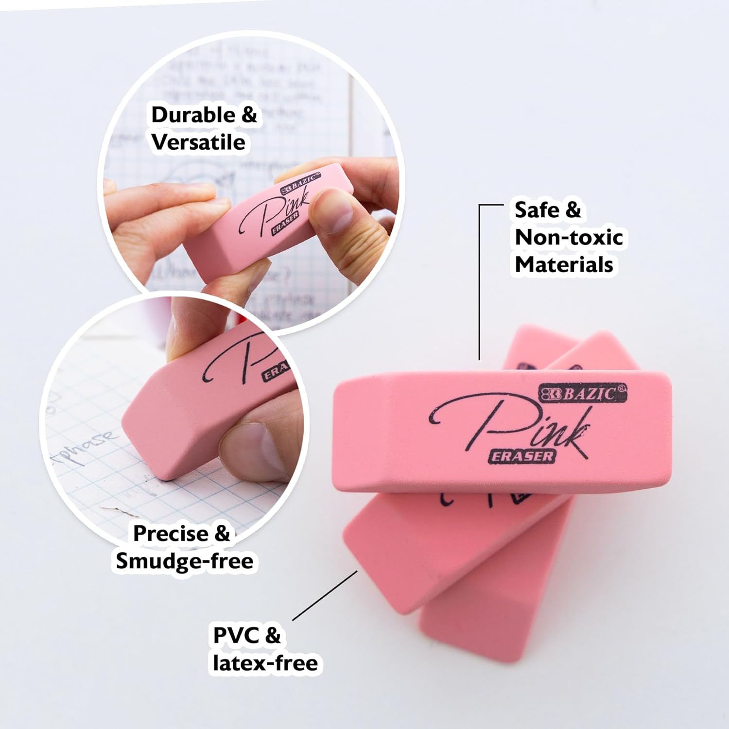 BAZIC Products Pink Eraser, Latex Free Bevel Block Erasers, Large Size for Classroom, Office, and Art Use, Smooth Pencil Correction for Writing, Sketching, & Daily Tasks, 12/Pack, 12-Pack