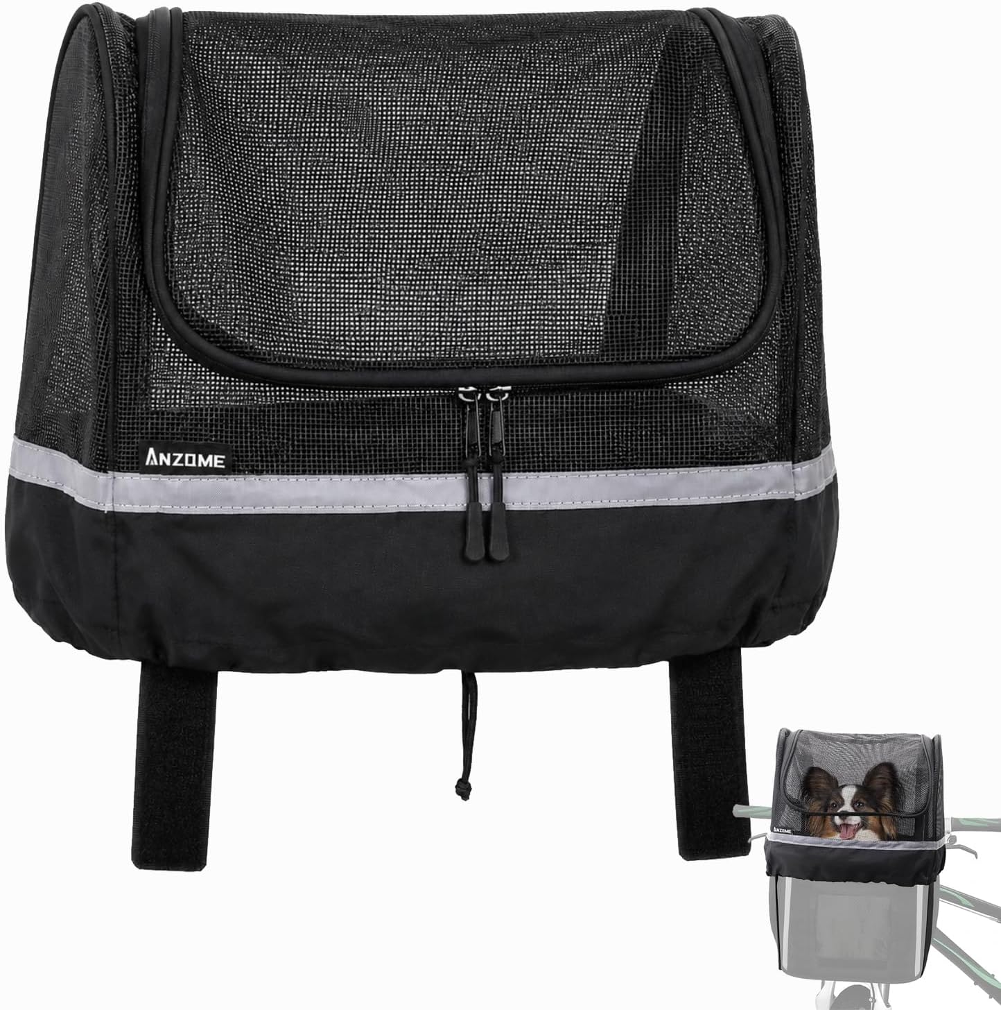 ANZOME Dog Bike Basket Cover, Drawstring Mesh Pet Safety Cover, Breathable | For no-exposed-frame designs, secure under-strap fit, airy top keeps small dogs in, frame not included, light & travel ready