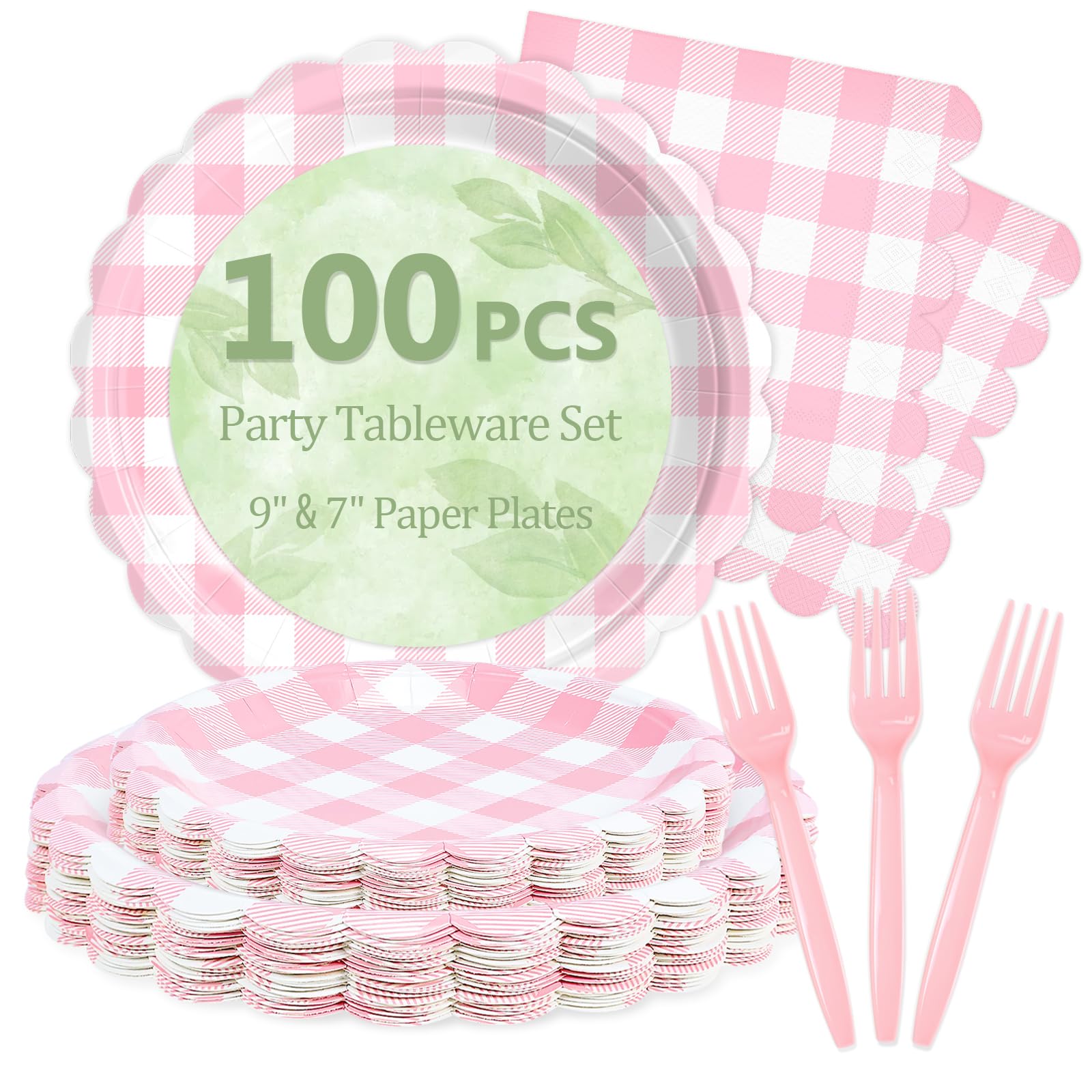 100 Pink Gingham Paper Plates&amp;Napkins Disposable for Party, 25-9"&amp;25-7"