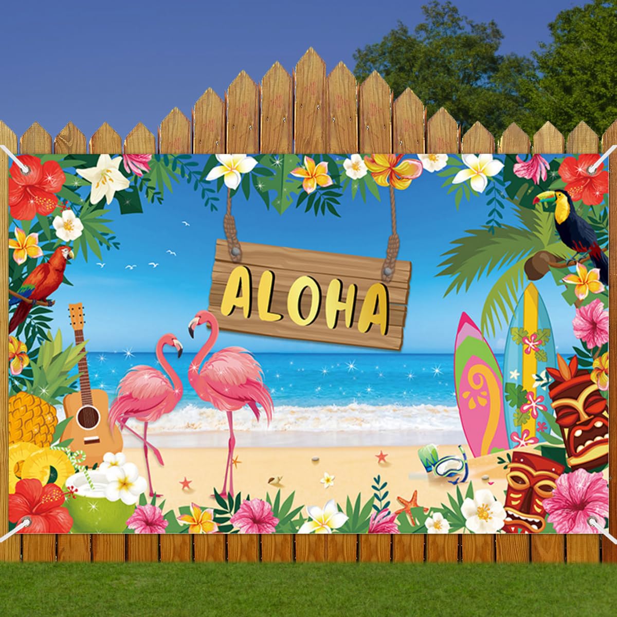 Sfondo Fotografico Tropicale 215x150cm – Spiaggia Oceano Con Conchiglie, In Poliestere, Con Occhielli Per Compleanni E Photo Booth