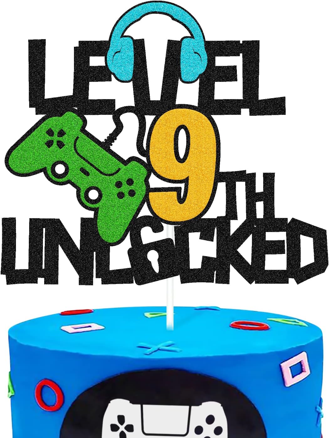 Level 9th Unlocked Cake Topper, Happy 9th Birthday Level Up Cake Decoration, Video Game Controller Play Game Theme, Boy’s ninth Birthday Party Suppli