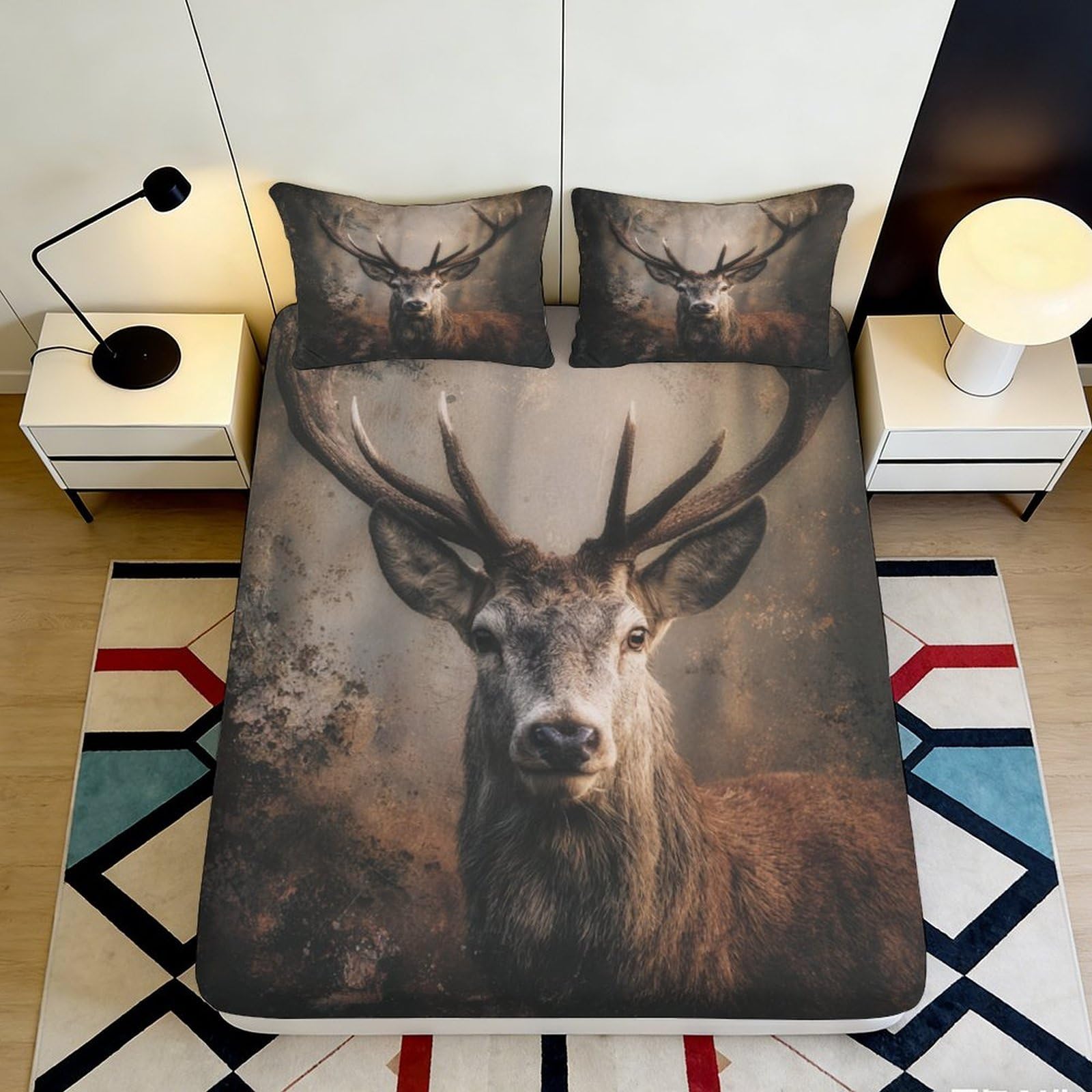 3D Printed Deer Forest Fitted Sheet Microfiber Soft Breathable Antlers Mattress Cover for Bedroom Guest Room Decor 90x200x25cm