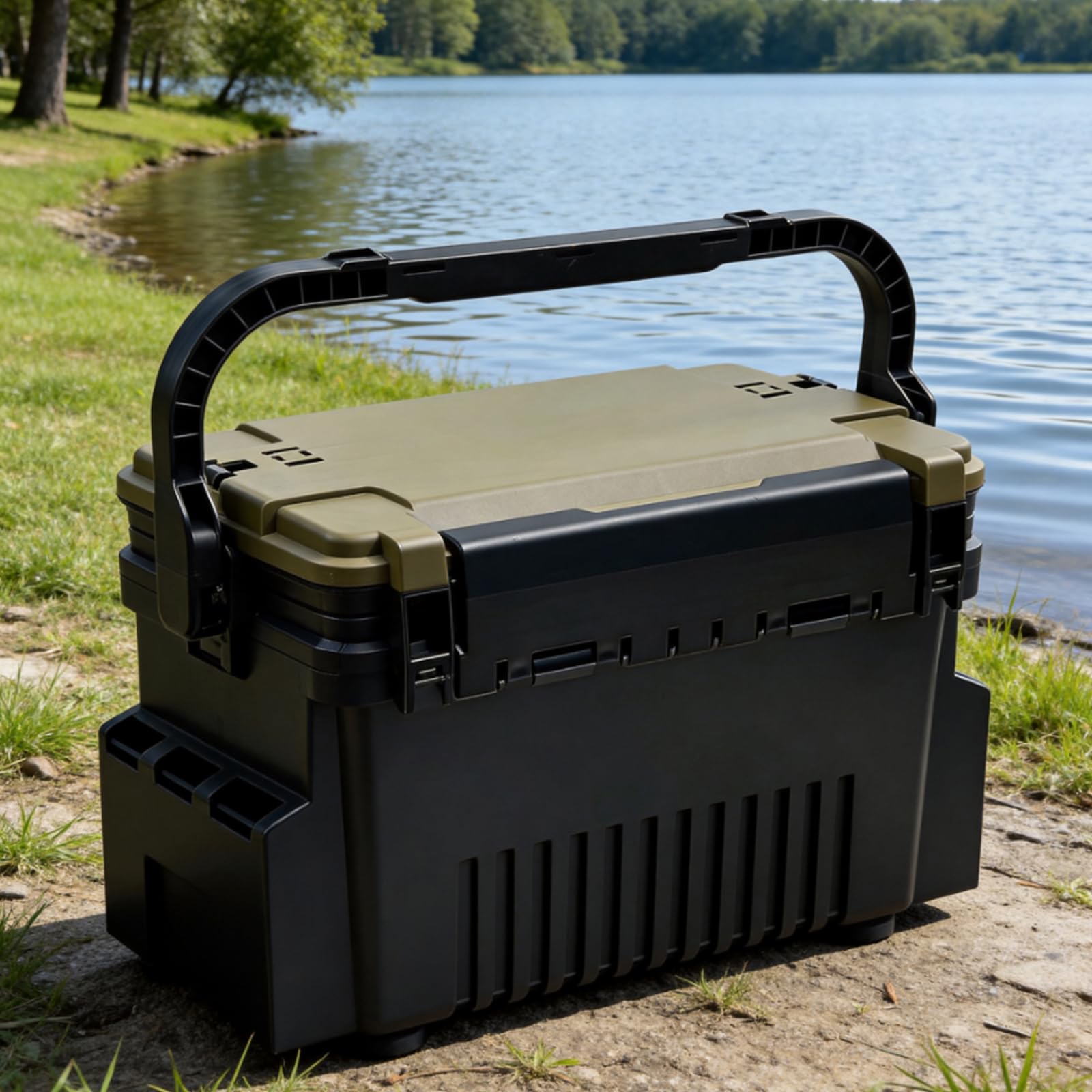 Angelkoffer Groß 11L, 2-Stöckige Angelbox mit Rutenhalter & Becherhalter | Stoßfeste Köderbox, Tragbare Angelkiste mit Sitzfunktion bis 150kg, Angelzubehör Organizer für Spinnfischen & Karpfenangeln