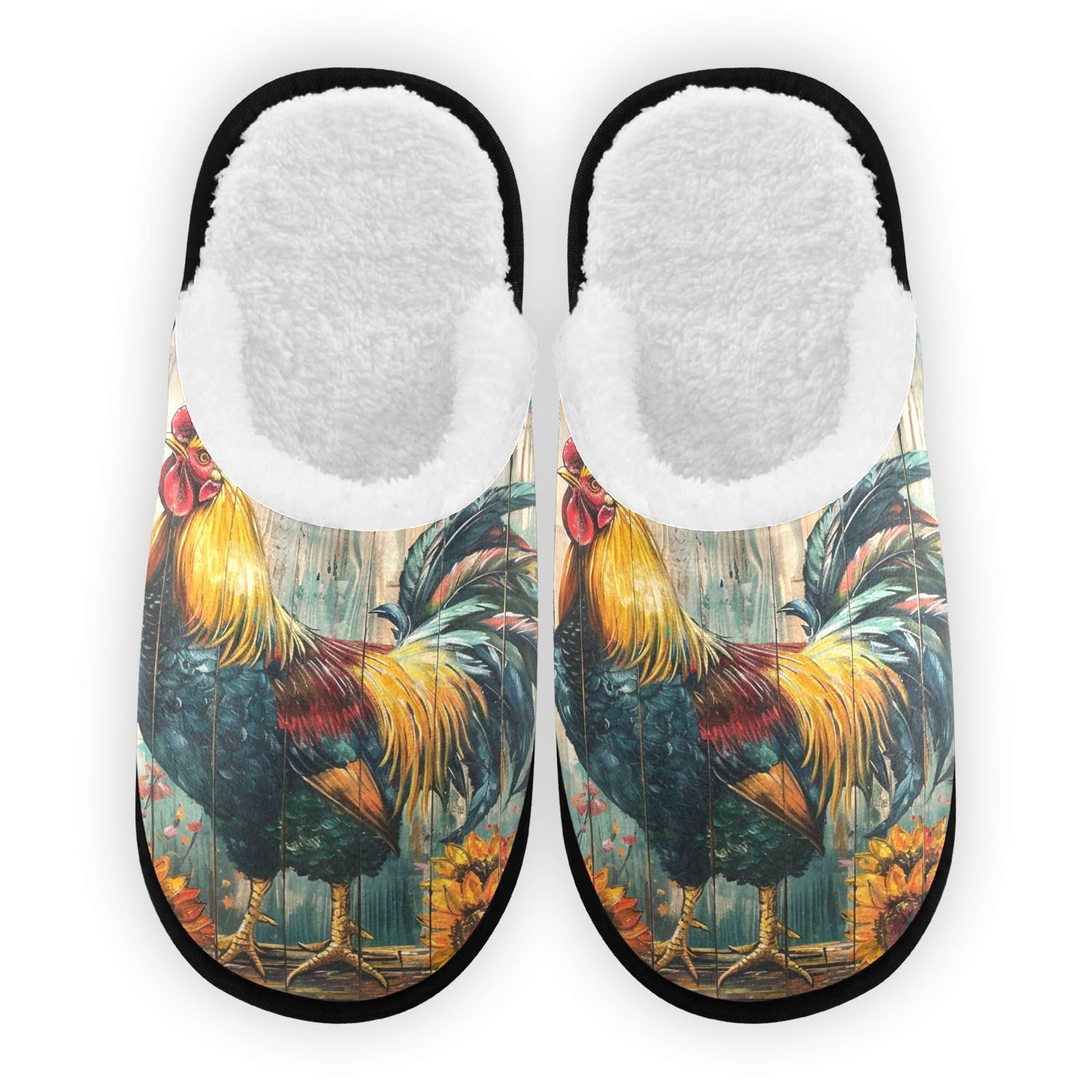 SPRIPORT Sunflowers Colorful Rooster Farmhouse Soft Fabric Spa Slippers for Women Men Washable Reusable Guest House Slippers with Non Slip Soles Closed Toe Slippers for Indoor Bedroom Hotel Travel M