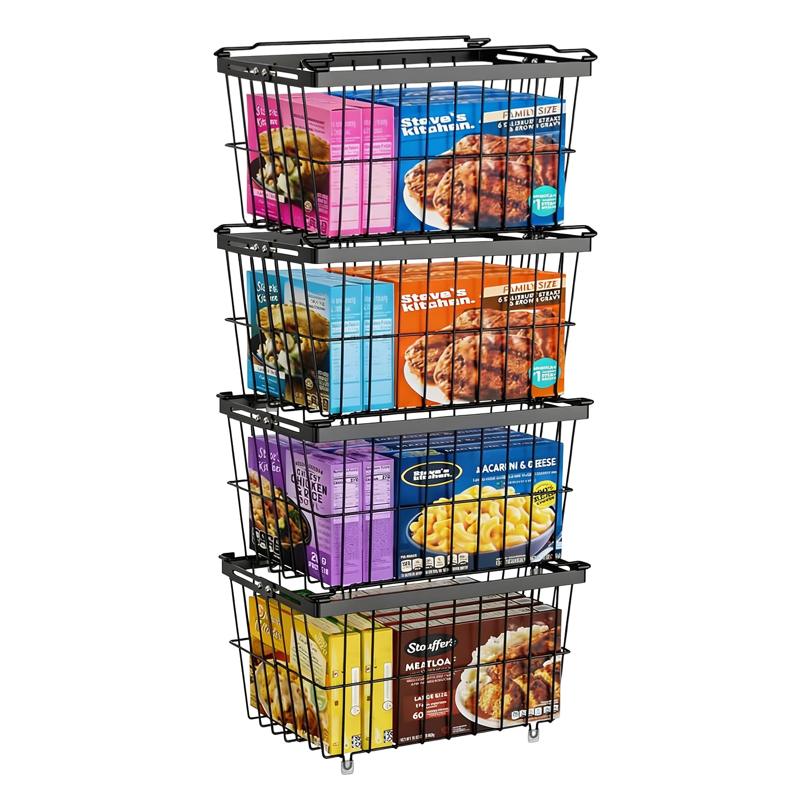 Panier Congélateur Coffre Empilable 4 Pièces, Bac de Rangement Congélateur Extensible avec Poignée, Organiseur Métal pour les congélateurs coffres de 5 à 9 pieds cubes, Accès Facile