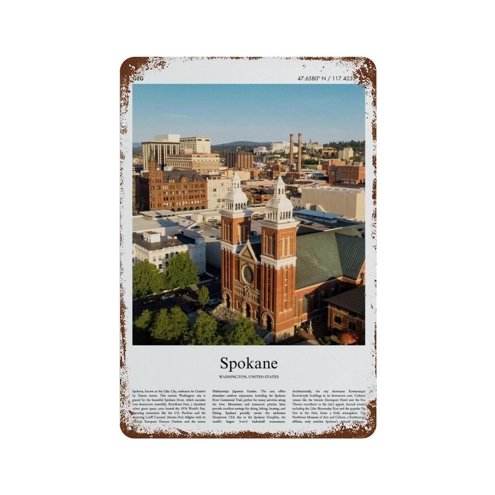 xiaoxiaoshen Spokane Washington, United States, USA City Scenery Wall Decor Art Metal Tin Poster Modern Home Decor Art Home Bar Shop Decorations Vintage Sign 30x20cm