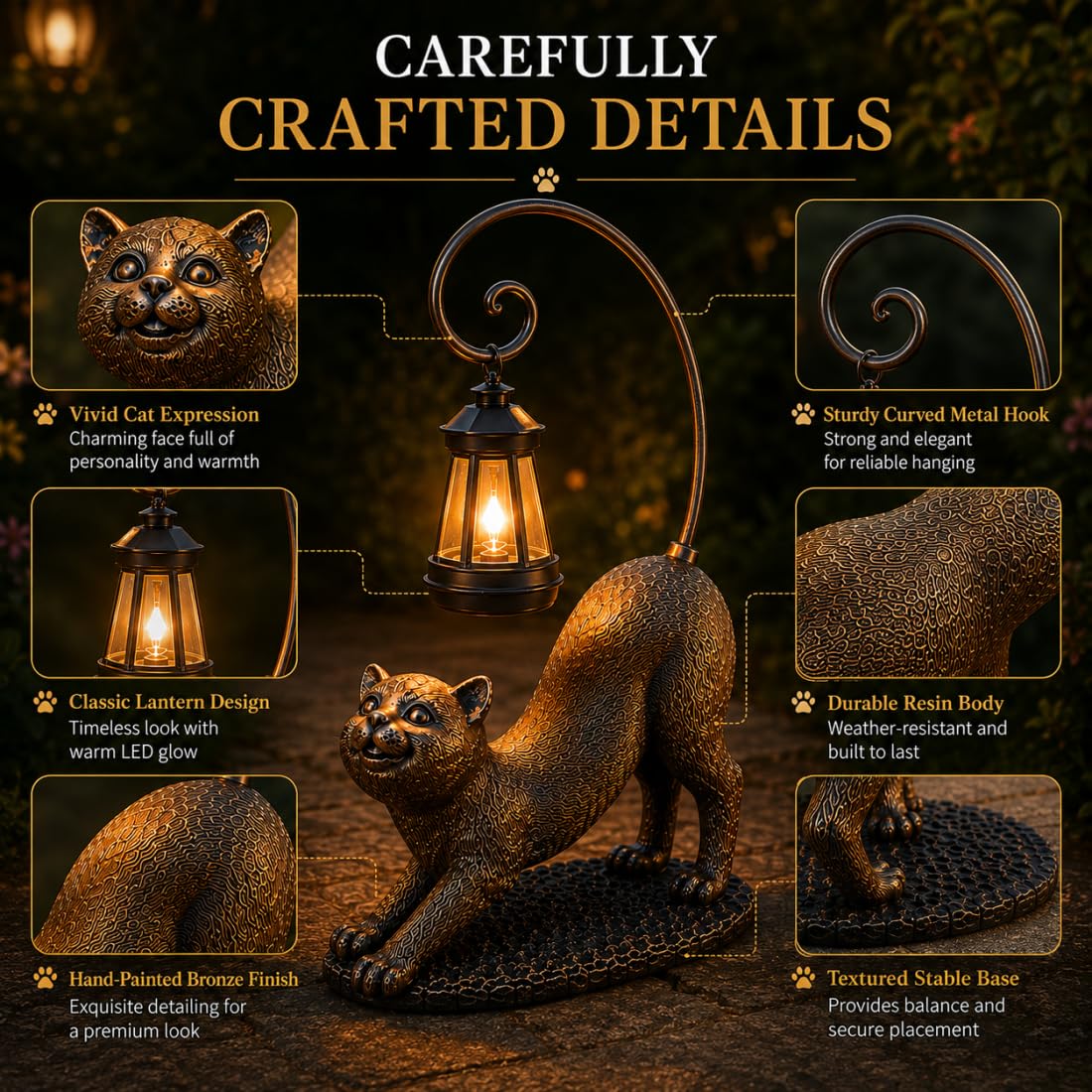 Whisker Wonder Katzenstatue, Solar Katzen Gartenfigur LED wasserdichte Skulpturen Leuchten, Süße Katzenlampe für Outdoor Katzendeko, Harz Katzenstatue Außendeko für Garten (B)