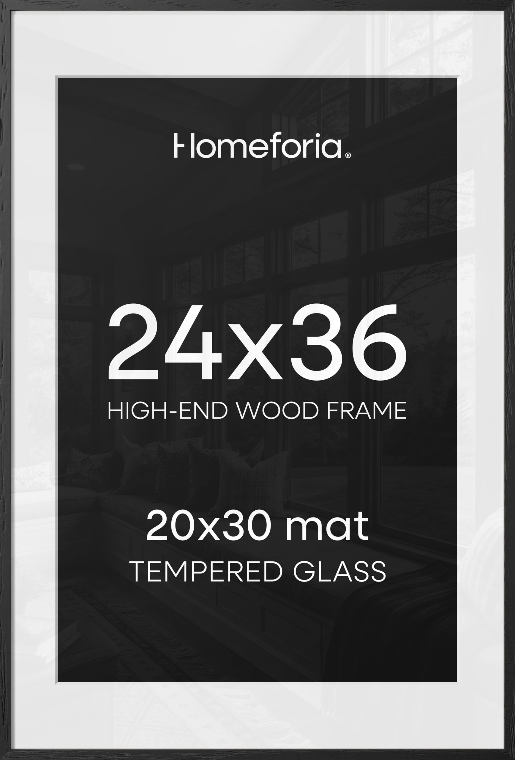 Homeforia 24x36 Black Wood Frame, High End Oak 24x36 Large Wooden Poster Frames with Mat 20x30 inch Photo, 24 x 36 Picture Frame Matted to 20 x 30, 36x24 Thin Frame, Tempered Glass, Wall Kit, Set of 2