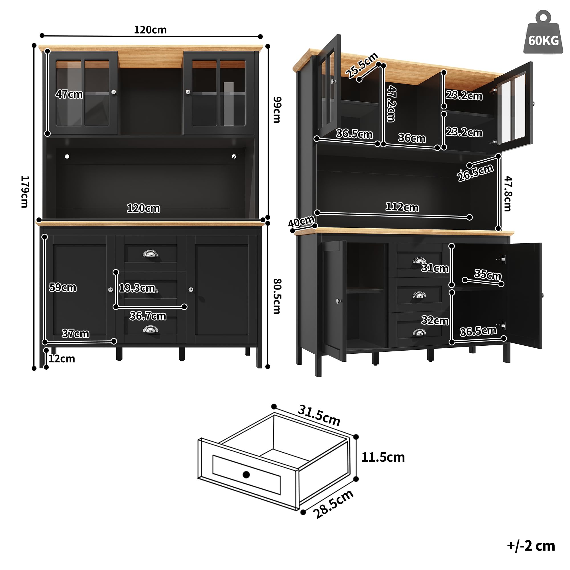 Armadio laterale, 120 x 40 x 179 cm, armadietto da cucina, armadietto alto, 4 ante, 3 cassetti, bianco/nero