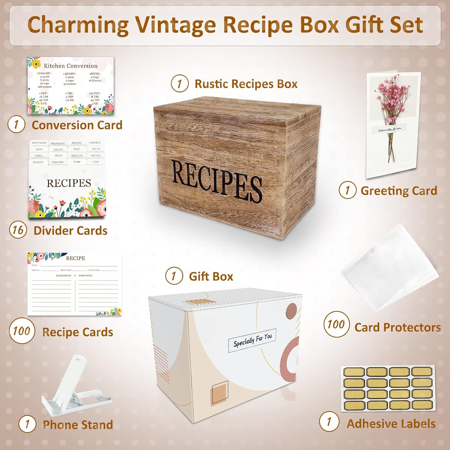 Recipe Box,100 Recipe Cards with Dividers,100 Card Protectors,Rustic Wood Box Organizer Set to Write in Your Own Recipes,Cute Box for Housewarming Grandma Mom Wedding Bridal Shower - Image 5