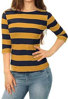 Women's Striped Shirt Elbow Sleeve Slim Fit Tops Casual Basic Boat Neck Top