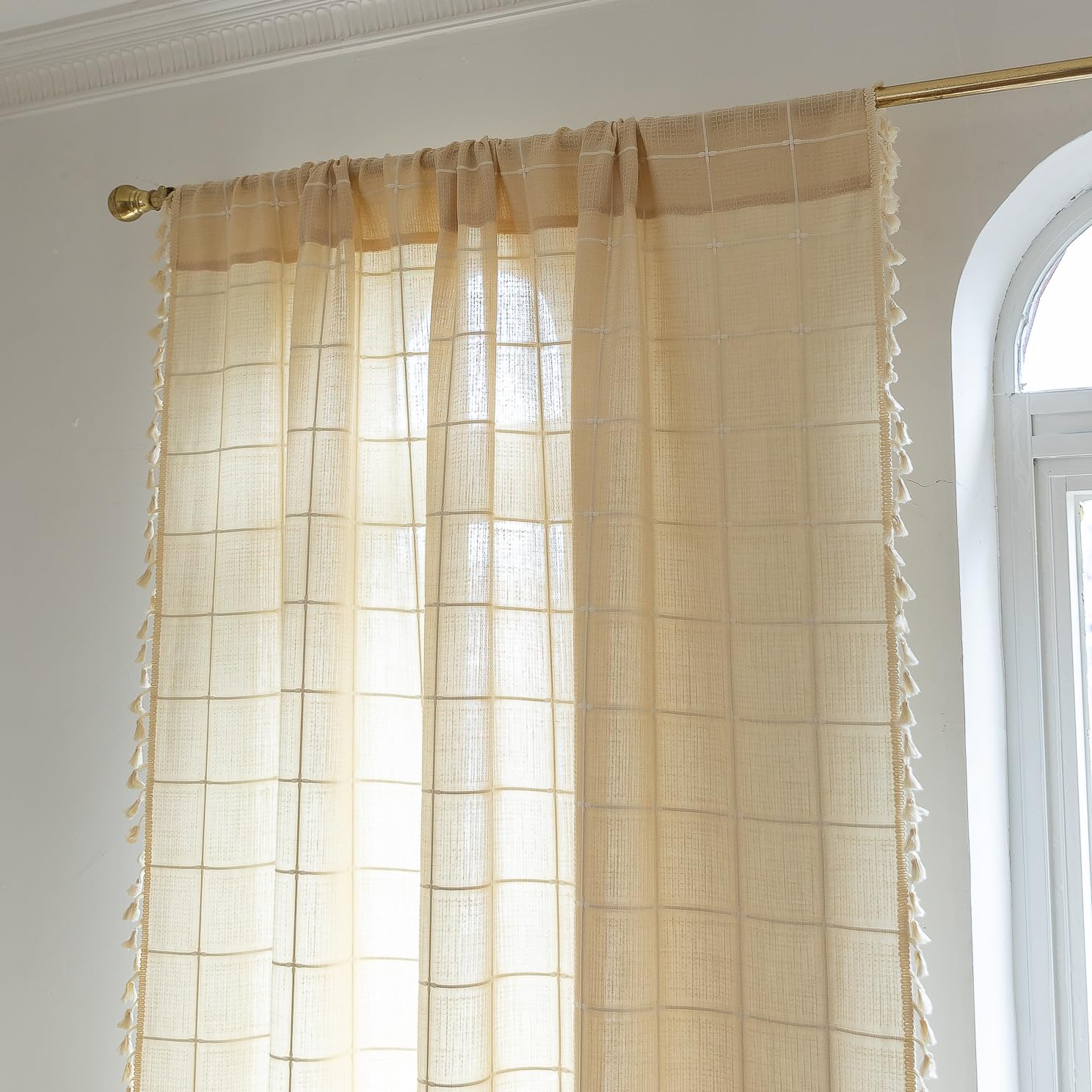 Tende in lino beige con nappe ricamate a griglia, tende vintage in stile country, per camera da letto e soggiorno, 1 pezzo, 132 x 120 cm (larghezza x altezza)