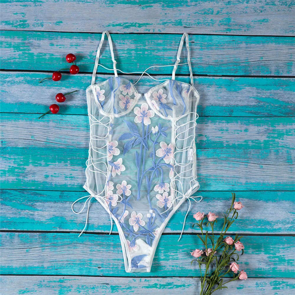 Conjuntos de lencería para Mujer Ropa Interior de una Pieza Transparente con Encaje de Flores (Blanco Mediano)