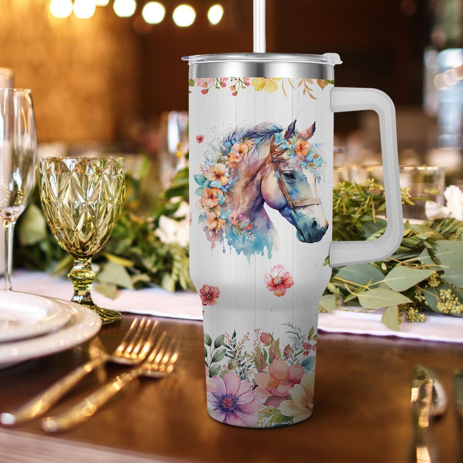 Horse Gift: 40oz Insulated Stainless Steel Travel Mug with Handle - Image 2