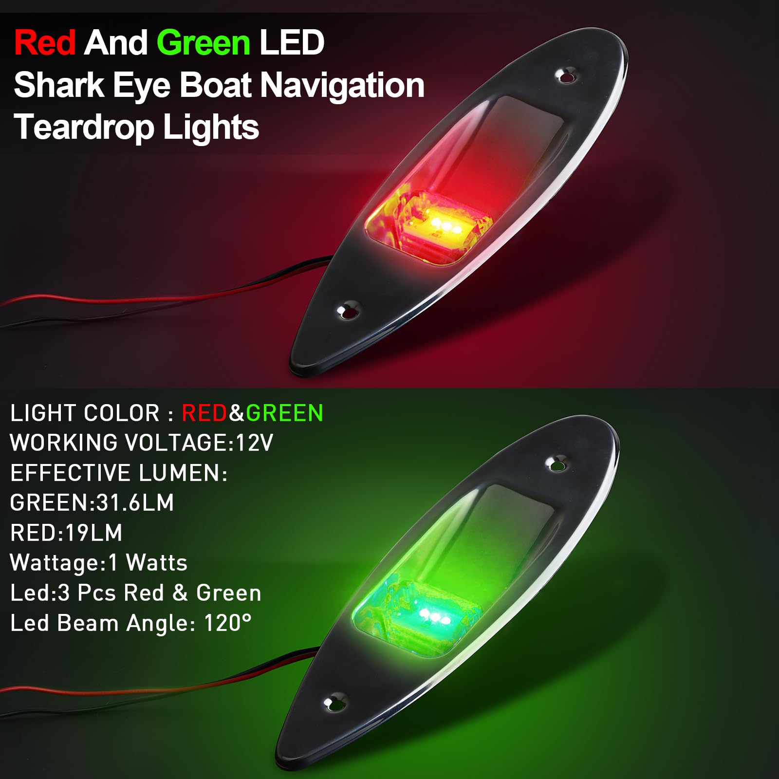 Boat Navigation Lights, 12V Stainless Steel Marine Navigation Lights, Waterproof Red & Green LED Marine Boat Yacht Sailing Signal Warning Light