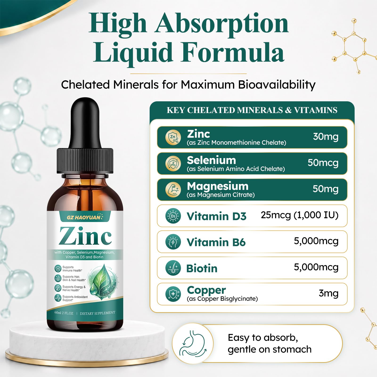 Liposomal Zinc Liquid Drops with Copper, Selenium, Magnesium, Vitamin D3, B6 & Biotin, 30mg Zinc Supplement for Immune, Hair, Skin, Nail, Energy & Nerve Support for Men & Women, Strawberry, 2 Fl Oz — Amazon image 5