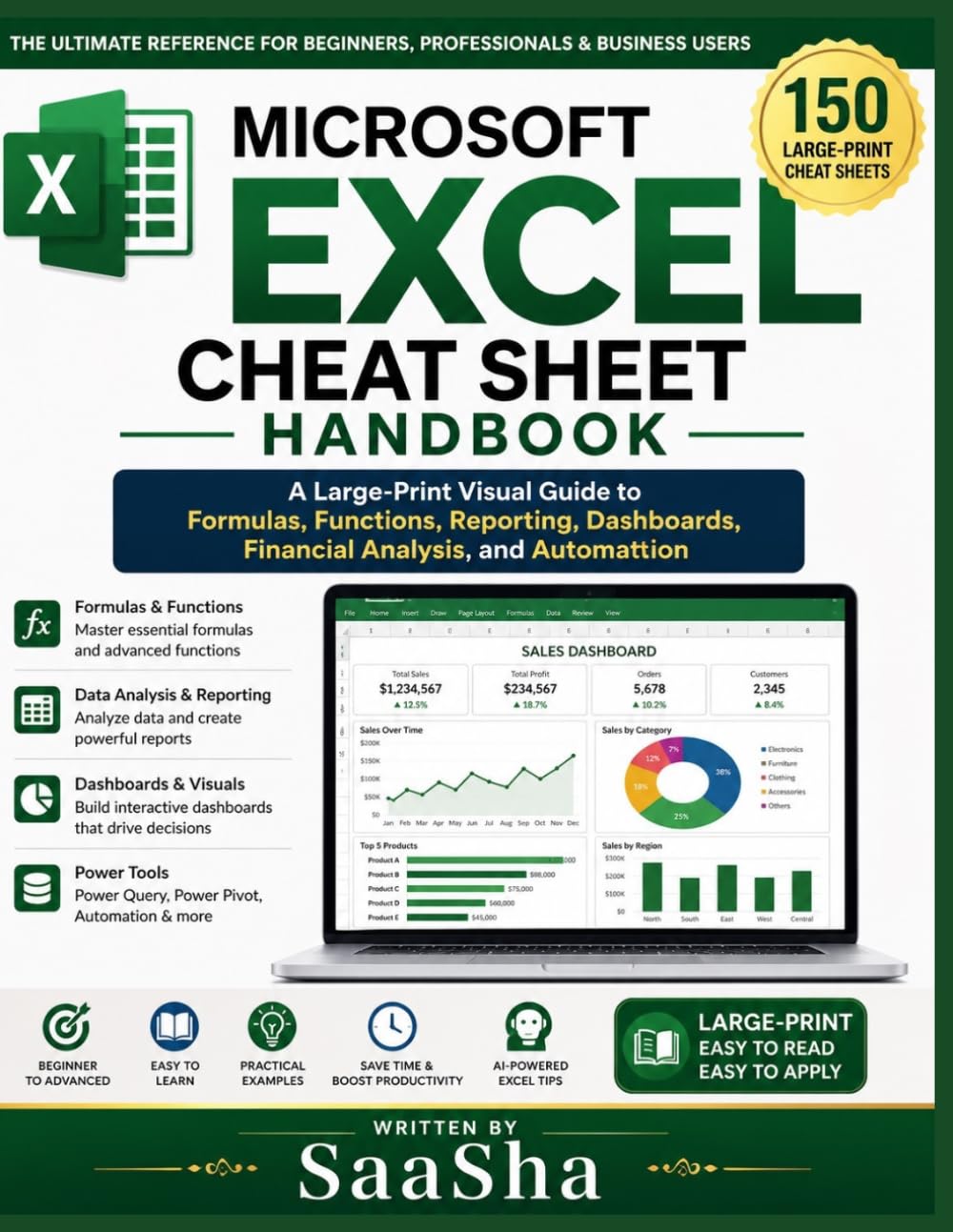 Microsoft Excel Cheat Sheet Handbook: A Large-Print Visual Guide to Formulas, Functions, Reporting, Dashboards, Financial Analysis, and Automation